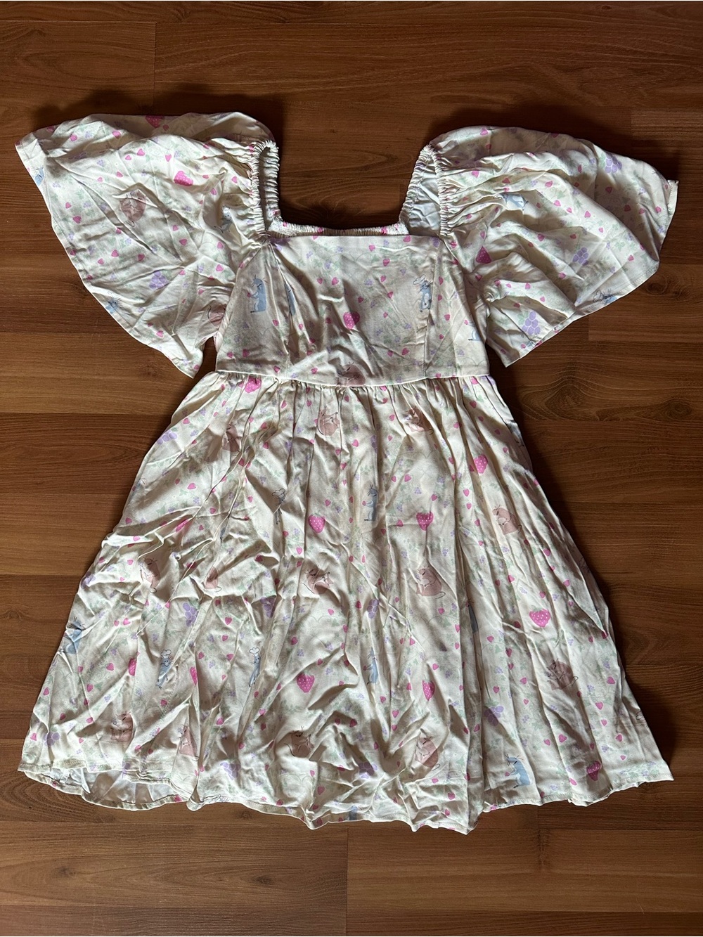 Cream Midi Dress with Ratatouille Print and Puff Sleeves